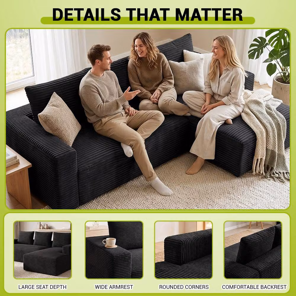 Gartistgo L-Shaped Corduroy Modular Sofa with Reversible Chaise in Black – 5