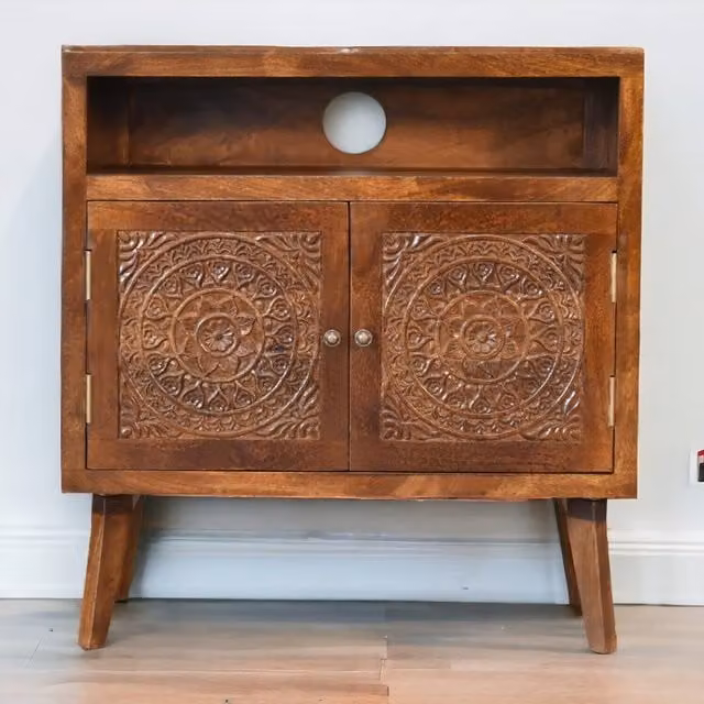 Artisan Furniture Tova Minimalist Mango Wood Open Shelf Cabinet in Brown Matt Finish