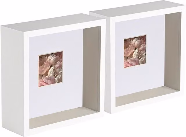 Nicola Spring White 3D Deep Box Square Photo Frame with 2 x 2 inch Mount, 6 x 6 inch