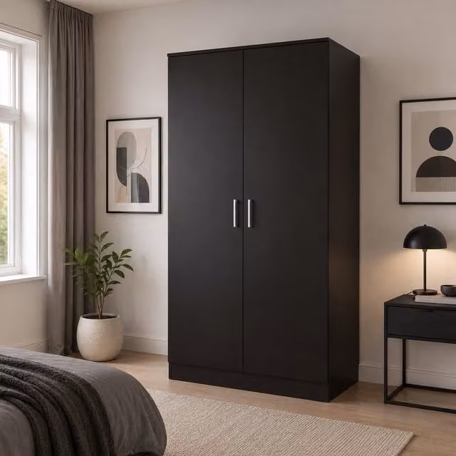 VENICE Modern 2 Door Black Wardrobe with Internal Shelves and Hanging Rod, Width: 80 cm