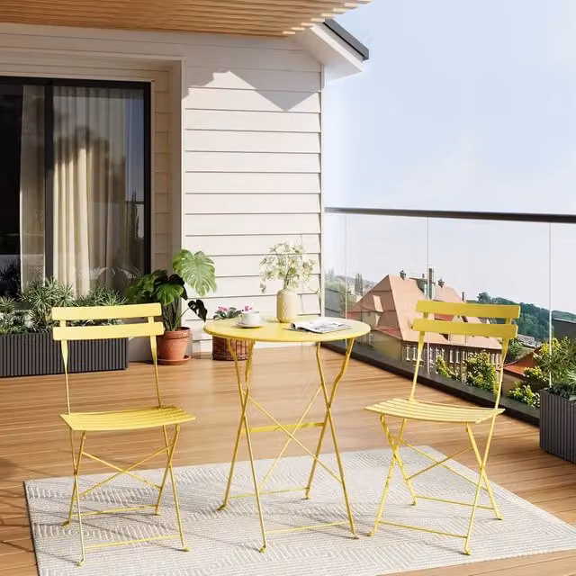 London Boutique 3-Piece Foldable Bistro Set with Table and 2 Chairs in Yellow Metal Garden Furniture