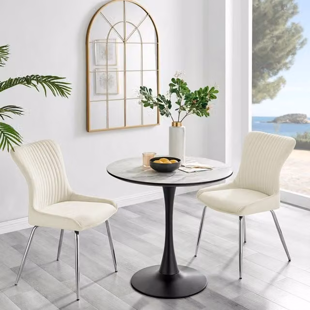 FurnitureboxUK Elina White Marble Effect Round Dining Table and 2 Nora Silver Leg Velvet Chairs in Cream