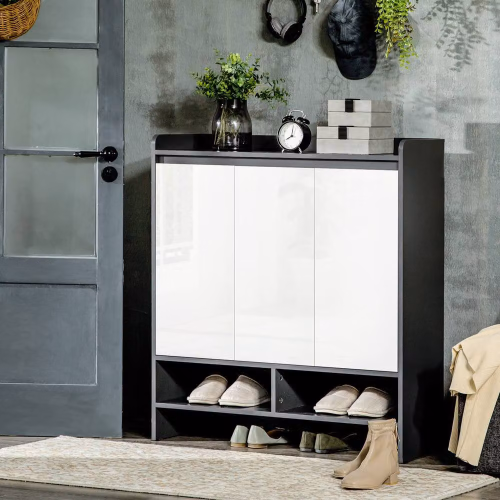 STILVORA Modern Grey Shoe Cabinet with Open Shelves and Hinged Doors – 2