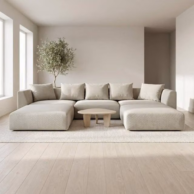 Abakus Direct Tokyo U-Shape Modular Sofa in Sand Fabric with Bamboo and Rattan Details – 1