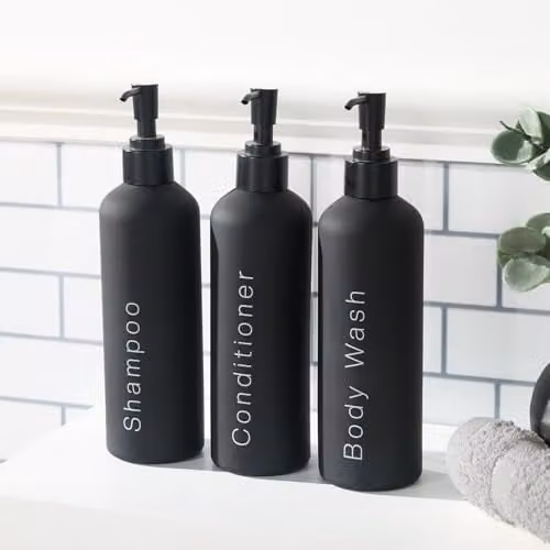 OHS 3 Pack Refillable Black Plastic Pump Bottle Dispensers for Shampoo, Conditioner and Soap – 1