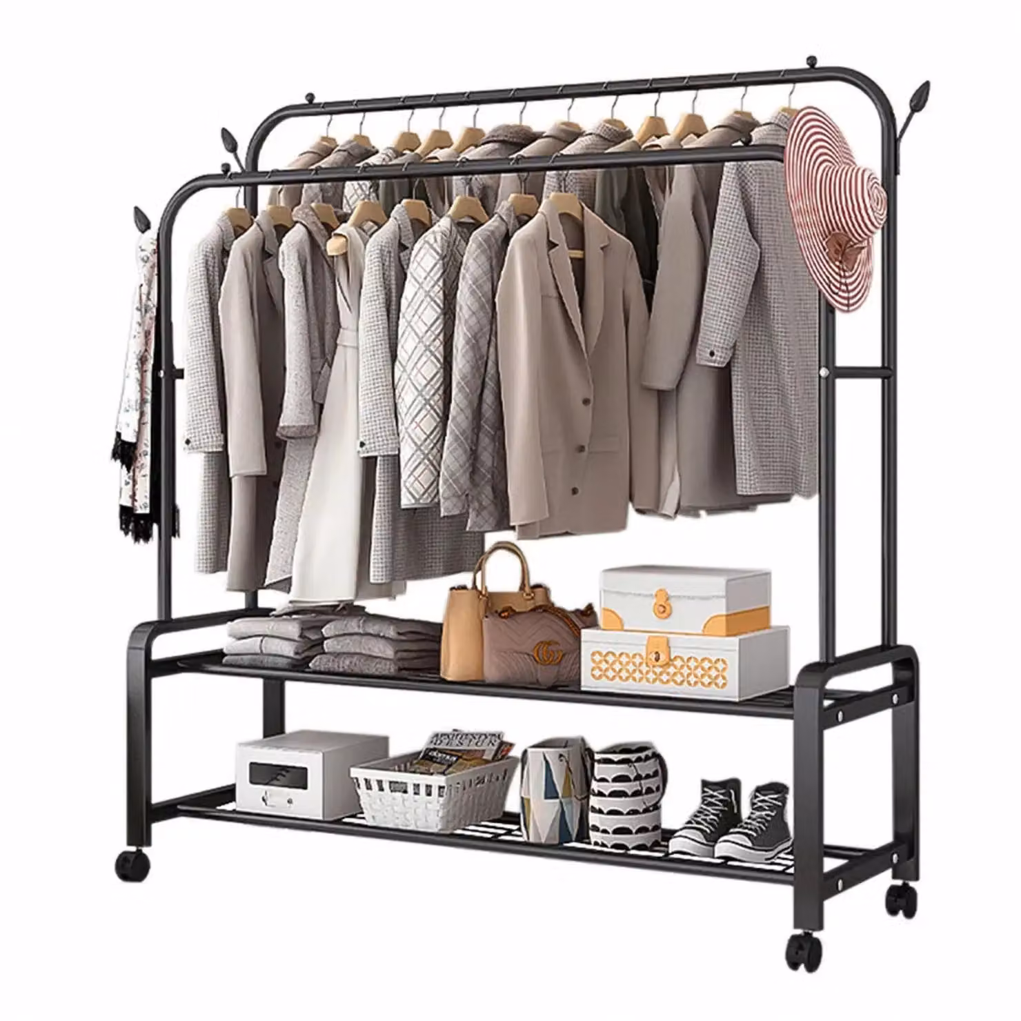 Pirlo Plush Heavy Duty Metal Clothes Rail Open Wardrobe with 2 Storage Shelves in Matt Black – 2