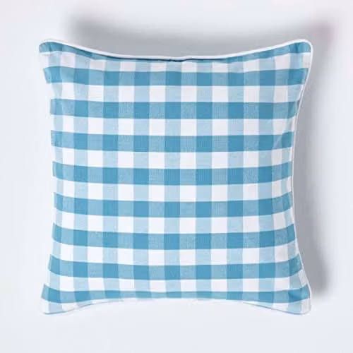 Homescapes Blue and White Gingham Checked Cotton Square Cushion Cover, W/D/H: 45 x 45 x 45 cm