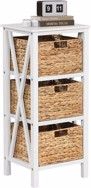 COSTWAY White Rattan and Wood Bedroom Nightstand and Sofa Side Table