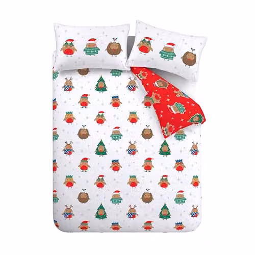 Catherine Lansfield Christmas Party Robins Reversible Single Duvet Cover and Pillowcase Set in Grey, White and Red, W/D/H: 135 x 200 cm and 50 x 75 cm – 3