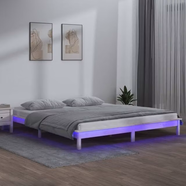 Berkfield Home White Solid Pine LED Bed Frame with Under-Bed Lighting and USB Charging Port, W/D/H: 120 x 200 cm – 1