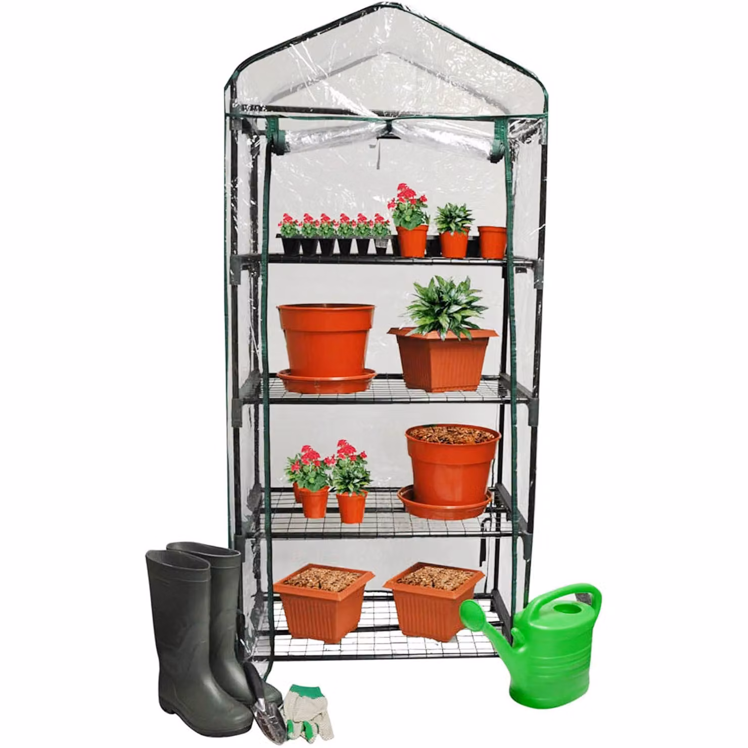 Storm Trading Group 4 Tier Compact Green Greenhouse with Shelves and Roll Up Zip Panel Door – 2