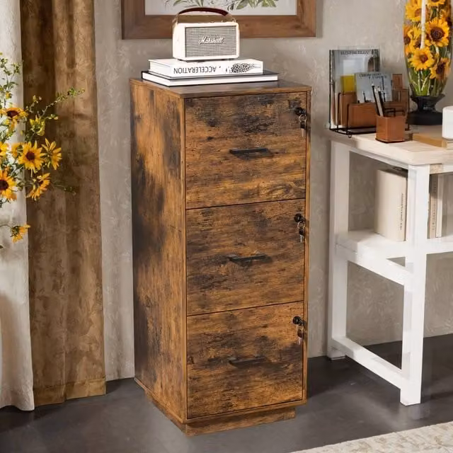 EONLION Brown Lockable 3 Drawer File Cabinet