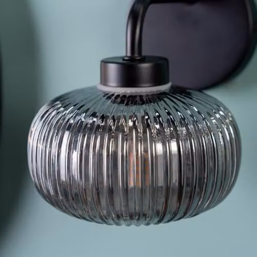 ValueLights Amaia Pair of Matte Black IP44 Rated Wall Lights with Smoked Ribbed Glass Shades – 3