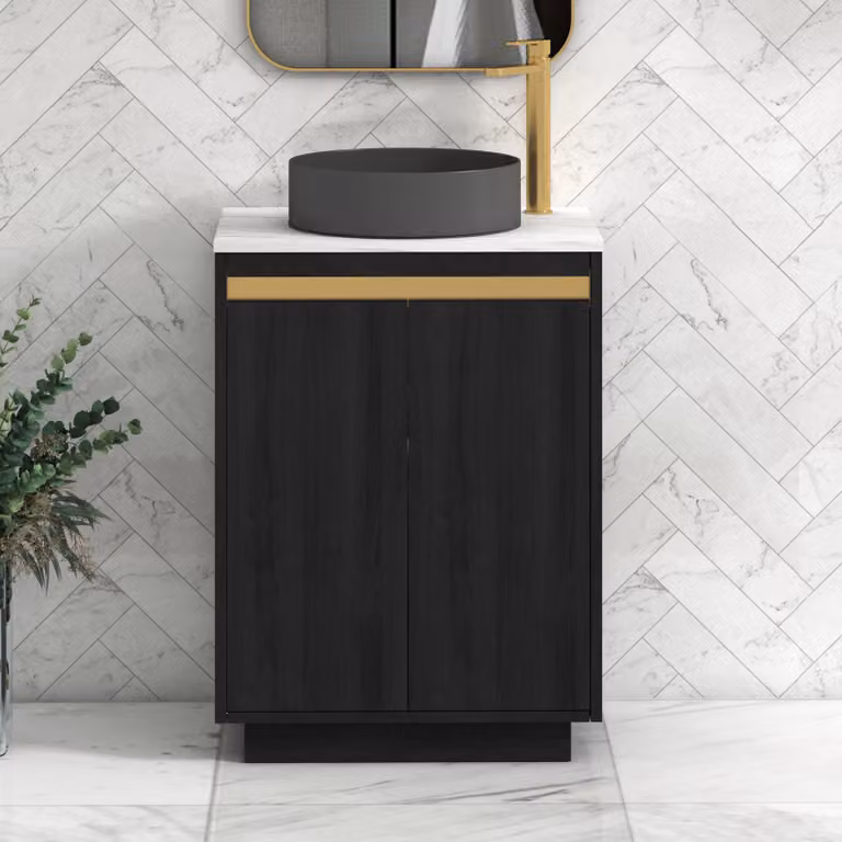 Royal Bathrooms Orion 800mm Hale Black Floor Standing 2 Door Vanity Unit with Carrara White Countertop and Art Round Basin with Brushed Brass Accent Trim