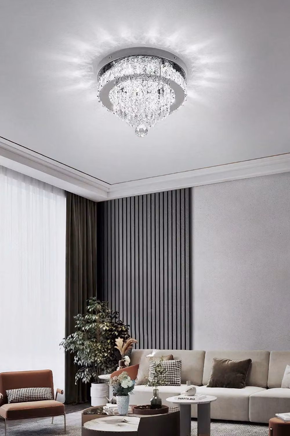 H&O Direct Elegant One Layer Crystal Waterfall Round LED Ceiling Light in Silver – 2