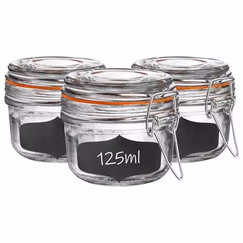 Argon Tableware 6 Pack Glass Spice Jars with Airtight Metal Clip Lids and Labels, 125ml, Transparent – 1