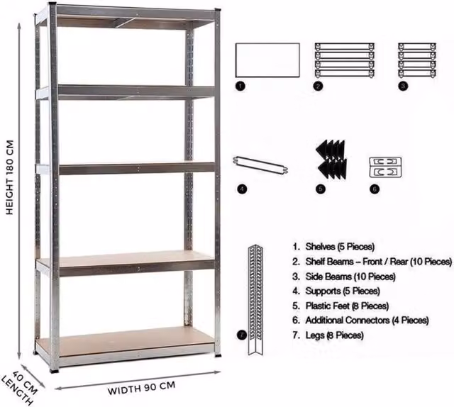 FLAVORA Silver 5 Tier Heavy Duty Metal and MDF Racking Shelf, W/D/H: 50 x 50 x 180 cm