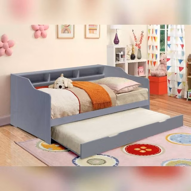 Comfy Living Ltd Single Solid Wood Bed with Side Shelving and Pull Out Trundle in Grey, W/D/H: 90 x 190 cm
