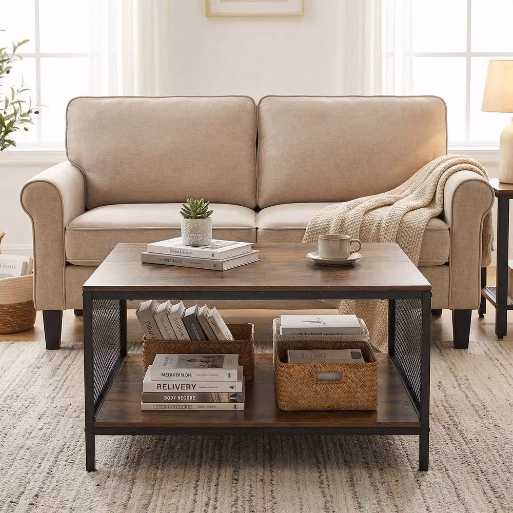 Gymax Industrial Square 2-Tier Coffee Table with Storage Shelf in Brown – 4