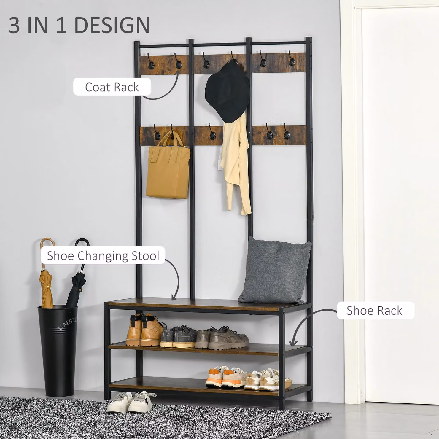 HOMCOM Industrial Hall Tree with Shoe Bench and Coat Rack in Brown and Black – 3