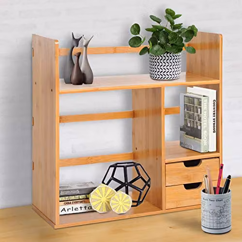 HOMCOM Bamboo Desk Organiser and Desktop Bookshelf with 2 Drawers, Brown, W: 48.0 cm, D: 19.5 cm, H: 46.0 cm – 2