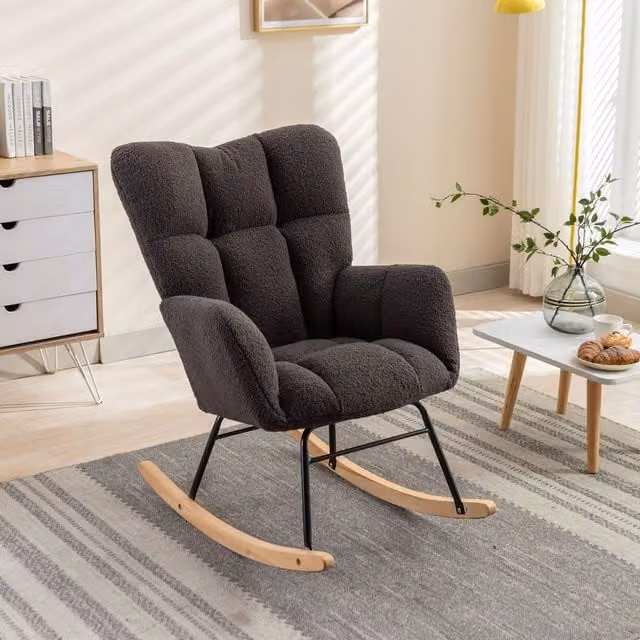 Aosom UK Mid Century Modern Rocking Chair with Padded Bouclé Wingback Armchair and Armrests, W/D/H: 80 x 70 x 95 cm, Dark Grey