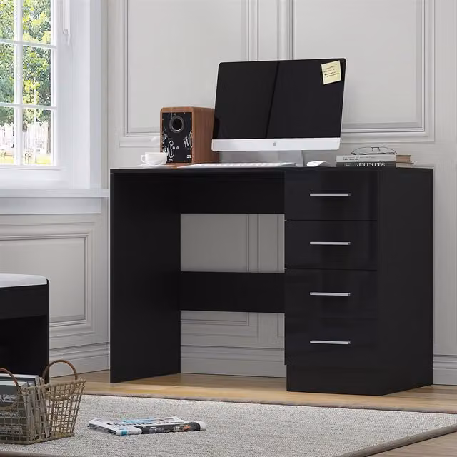 Reflect 4 Drawer High Gloss Desk in Black Gloss and Black Oak, H: 72 cm x W: 99 cm x D: 39.5 cm – 1