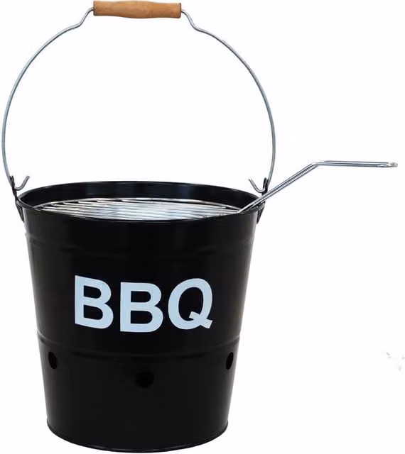 Simpa Tabletop BBQ Barbeque Bucket in Black Galvanised Steel with Fuel Bowl and Grill Handle