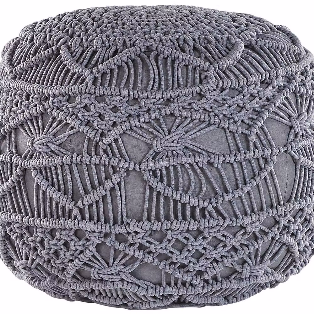 Wyld and Coco Grey Cotton Knitted Pouffe, Round Cylindrical Crochet Footstool – 2