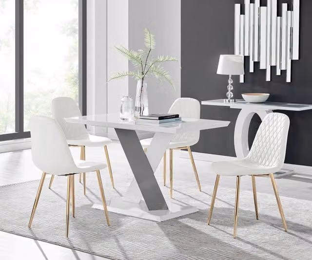 Furniturebox Monza White High Gloss Rectangular Dining Table with 4 Corona Gold Leg Chairs
