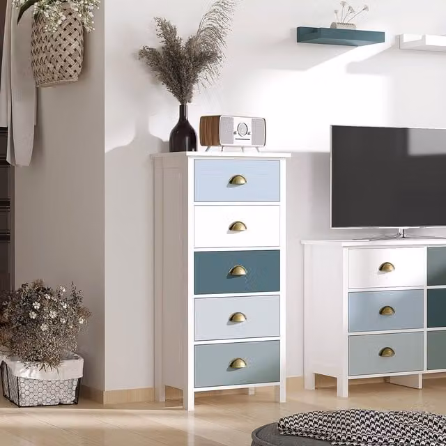 HOMCOM 5-Drawer Slim Chest of Drawers and Storage Organiser Unit in Blue, White, Grey and Multicolour