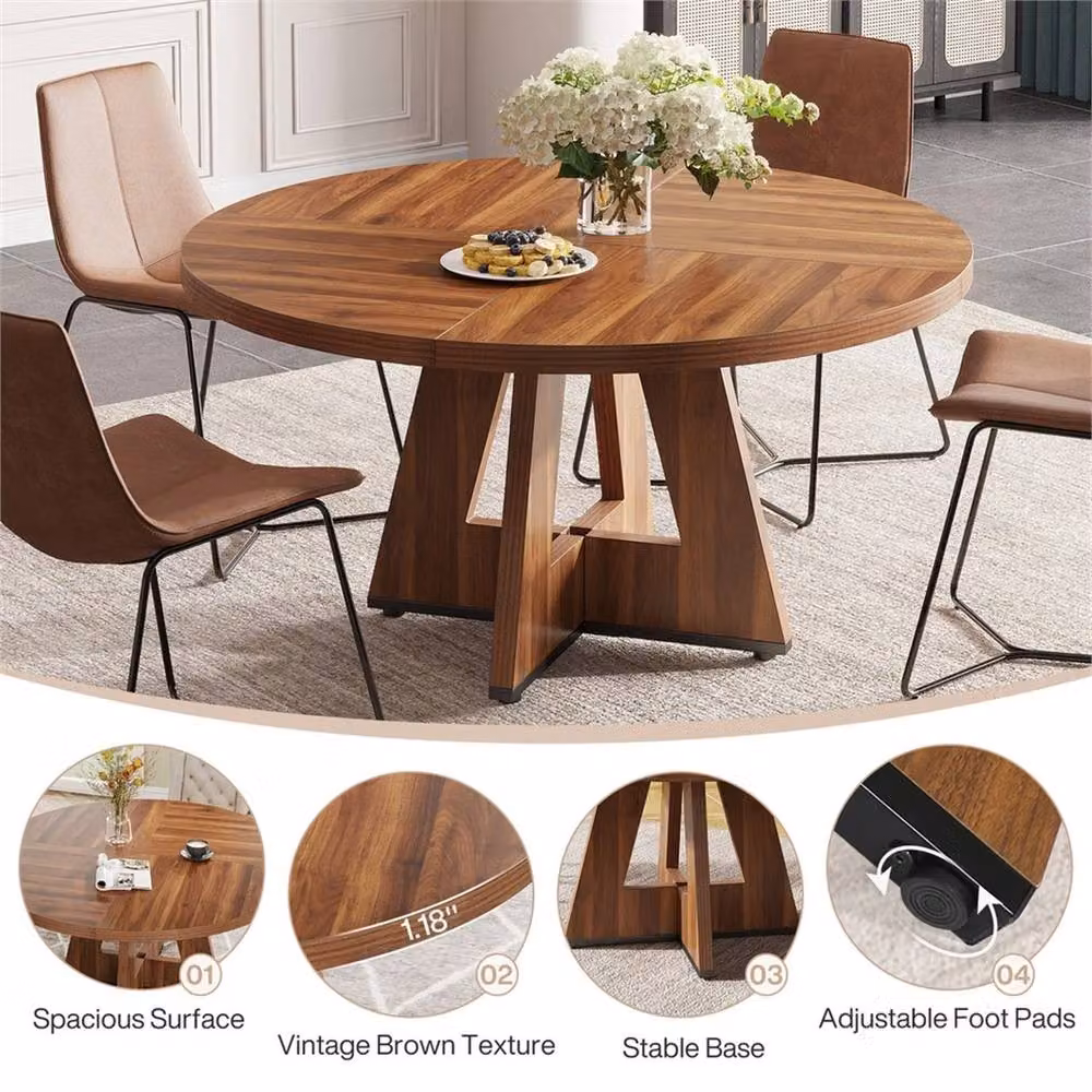 Nordara Round Rustic Wood Dining Table in Brown, Diameter: 120 cm, Height: 75 cm – 3