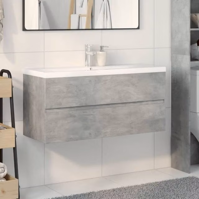 Berkfield Home 2 Piece Modern Wall Mounted Bathroom Vanity Unit Set in Grey and White MDF, W/D/H: 100 x 38.5 x 45 cm – 1