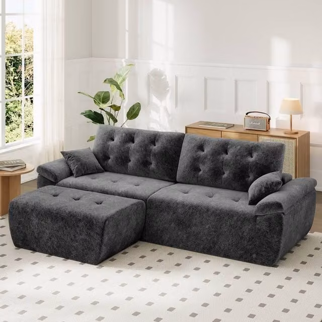 Dprodo Grey Chenille 4 Seater L Shaped Modular Sectional Sofa with Matching Ottoman and Scatter Cushions, Width: 275 cm
