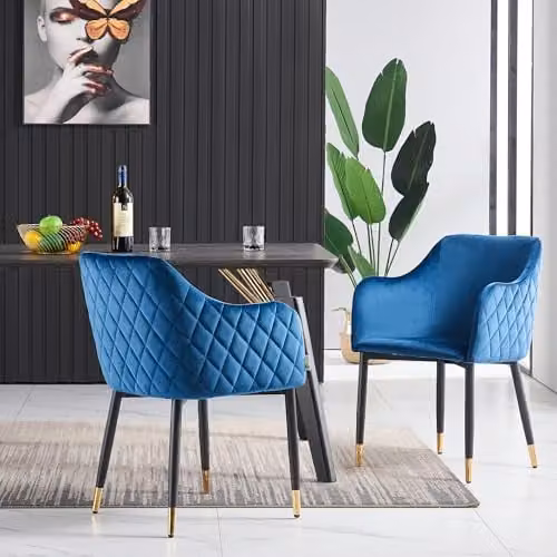 Life Interiors Verona Velvet Upholstered Dining Chair with Armrests in Blue and Black Legs with Gold Accents – 6