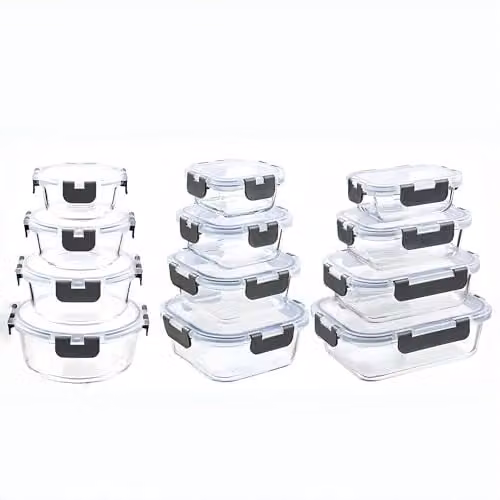 Simpa 12 Pack Airtight and Leakproof Glass Meal Prep Food Storage Containers in Transparent Assorted Sizes