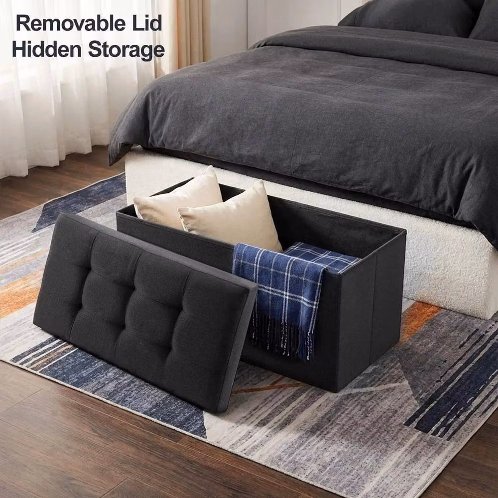 KORVIXA Black Fabric Folding Bench Ottoman Storage Seat W/D/H: 100 x 100 x 38 cm – 4