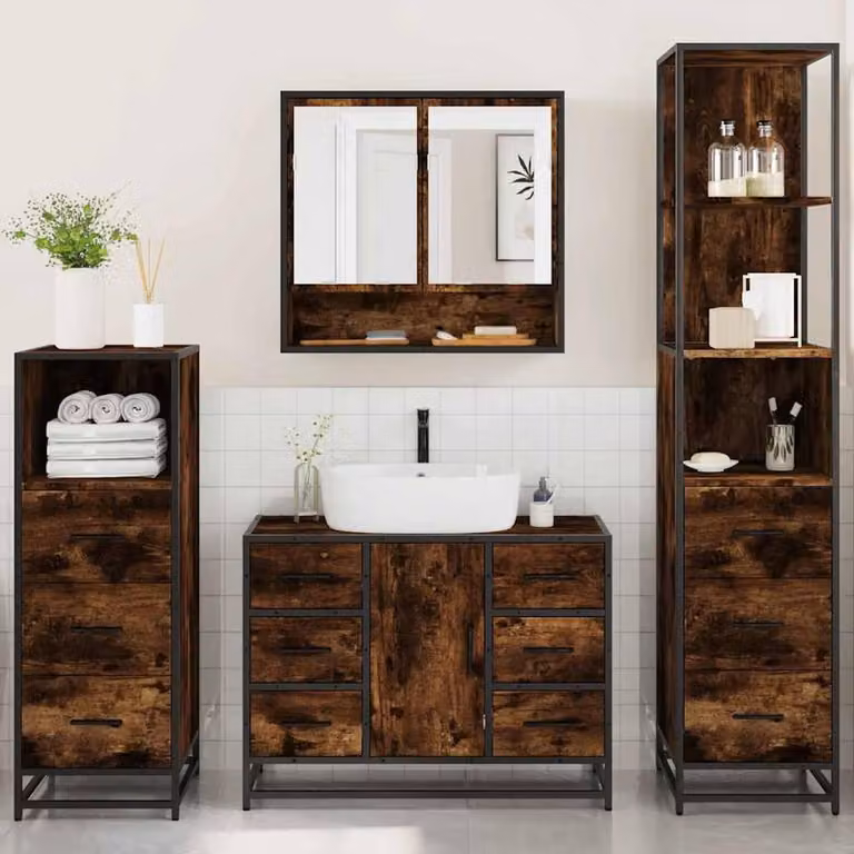 Berkfield Home 4-Piece Industrial Bathroom Furniture Set in Smoked Oak and Brown