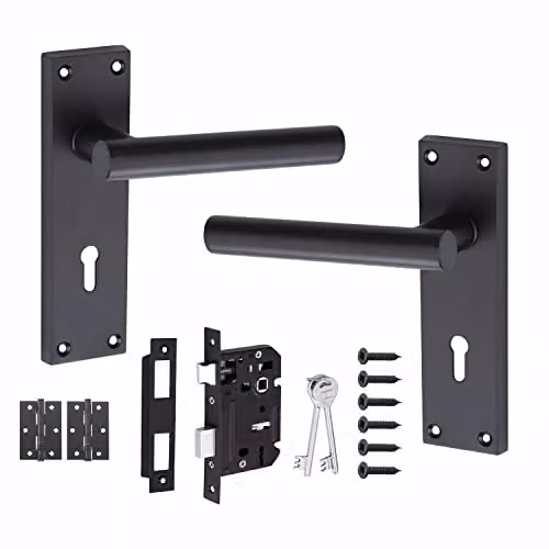 Golden Grace T-Bar Lever Backplate Lock Handle Pack in Matt Black with Key Lock – 1