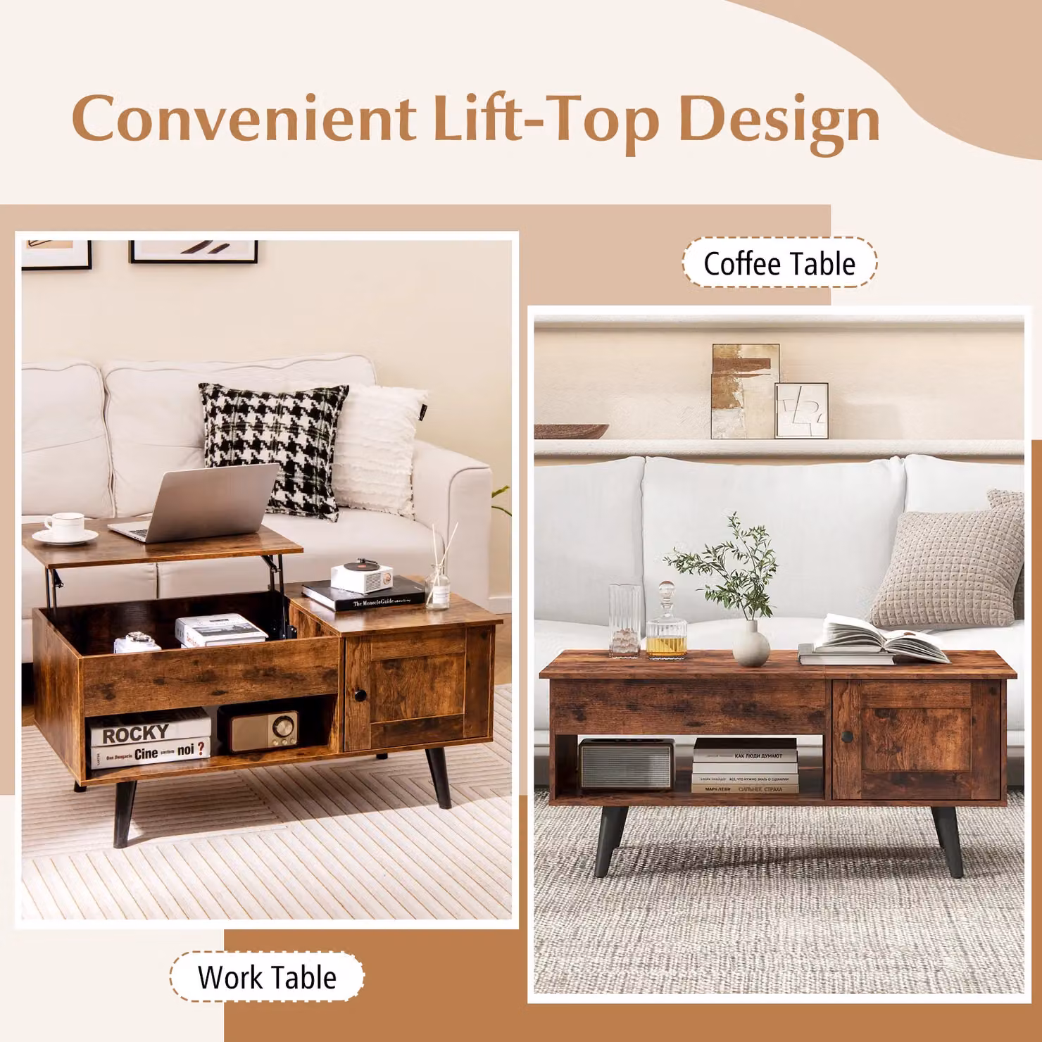 Costway Lift Top Coffee Table with Storage Cabinet in Brown – 3