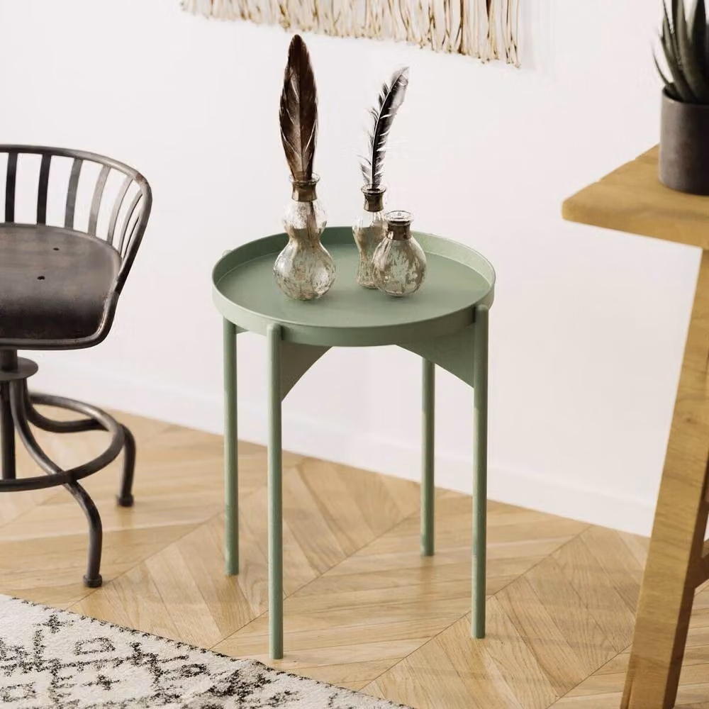 CALICOSY COLE End Table with Round Metal Top in Light Green, Height: 57 cm – 2