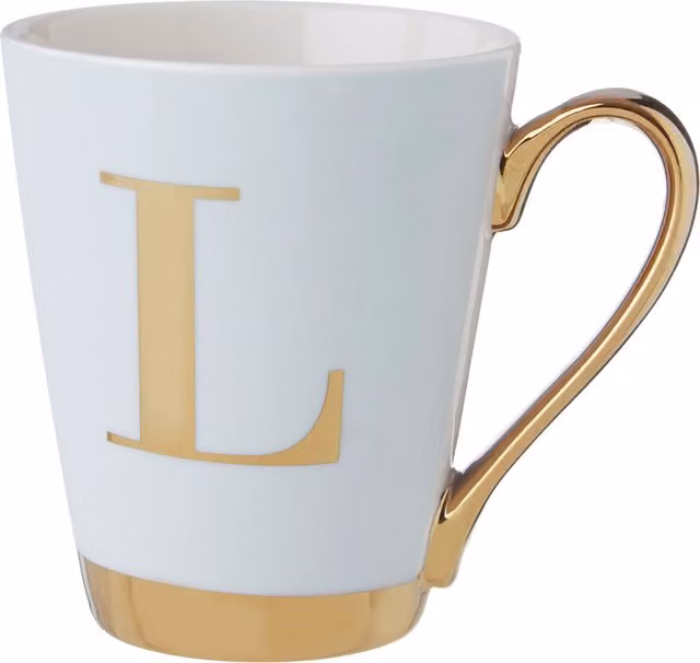 Orsina Personalized L Letter Monogram Mug in White Frosted Deco with Green and Gold Accents, Bone China