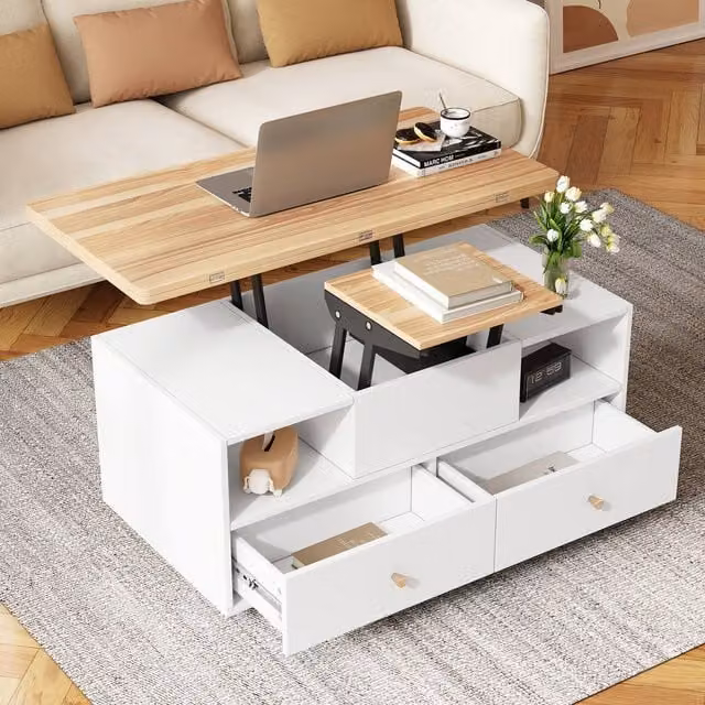 ModernLuxe Lift Top Coffee Table with 4 Drawers, 2 Lifting Platforms and Castors, White – 1