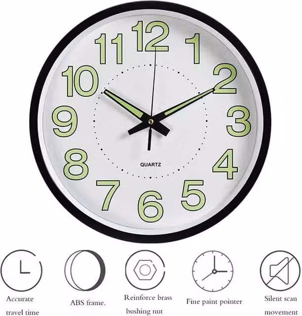 NESTLUNE Black Plastic Luminous Round Analogue Wall Clock with Glow in the Dark Feature, Diameter: 30.48 cm – 1