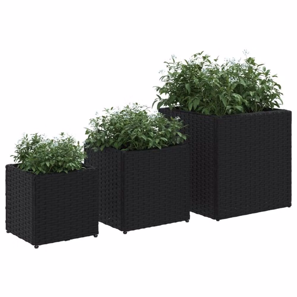 Berkfield Home Set of 3 Black Poly Rattan Garden Planter Tubs with Steel Frame – 3