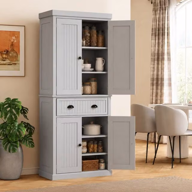 STILVORA Grey Freestanding Tall Storage Cabinet with Hinged Doors, Drawers and Internal Shelves – 1