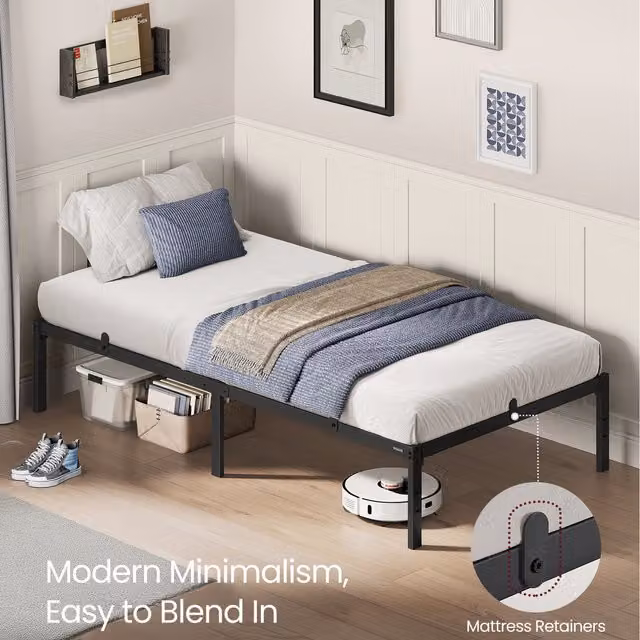 VASAGLE Modern Single Metal Bed Frame in Black, W/D/H: 90 x 190 cm