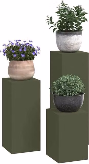 Berkfield Home Set of 3 Pillar Outdoor Plant Stands in Olive Green Steel