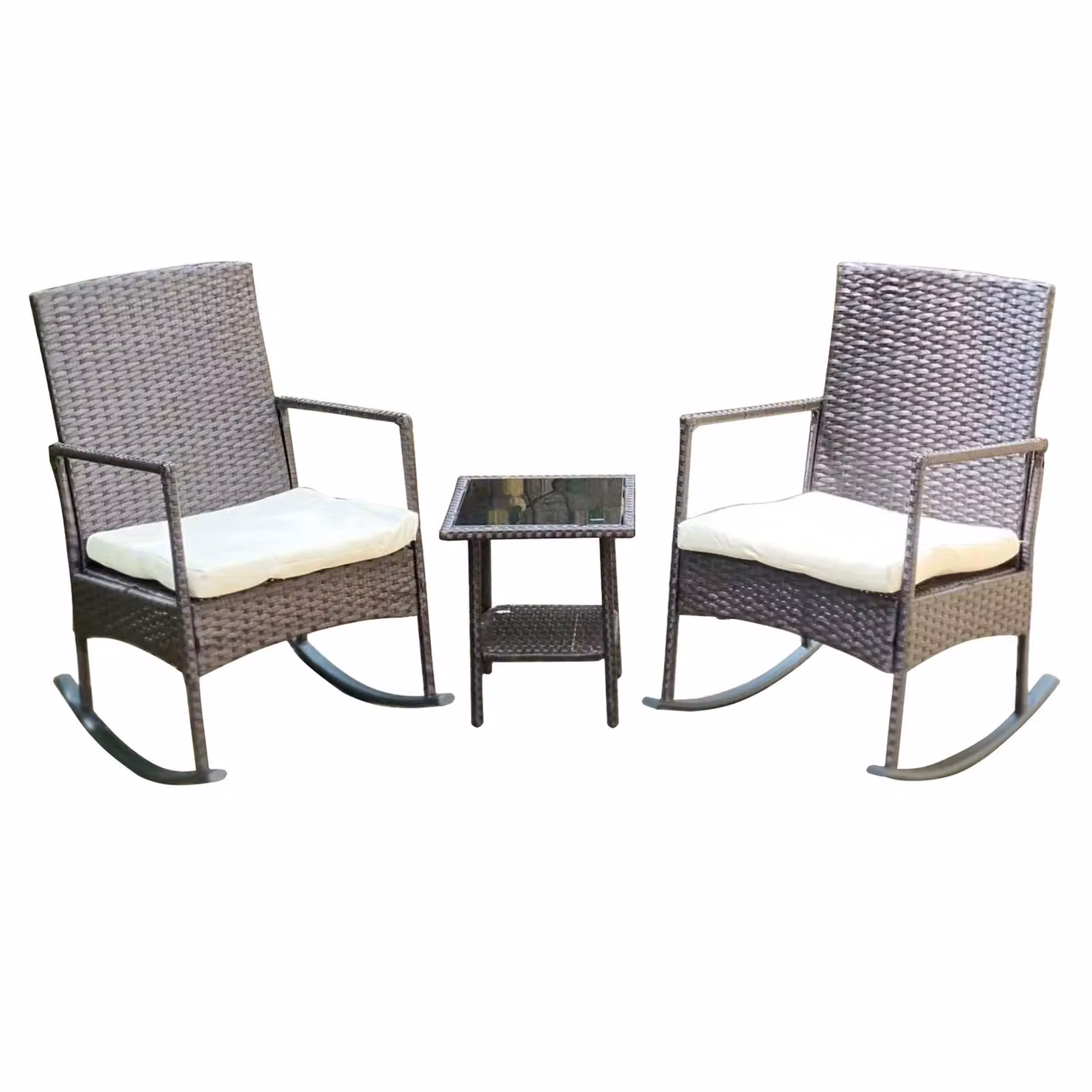 FURNITURE ONE 3-Piece Brown Rattan Outdoor Bistro Set with 2-Seater Sofa, Armchair, Coffee Table and Upholstered Cushions – 2