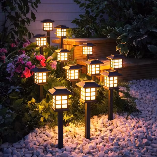 Gainsborough Set of 12 Solar Path Lights, Black Metal Lanterns with Warm White LEDs and Dusk Sensor